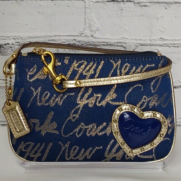 'COACH' 'POPPY' SIGNATURE SCRIPT LUREX JACQUARD WRISTLET NAVY BLUE/GOLD - Picture 15 of 15